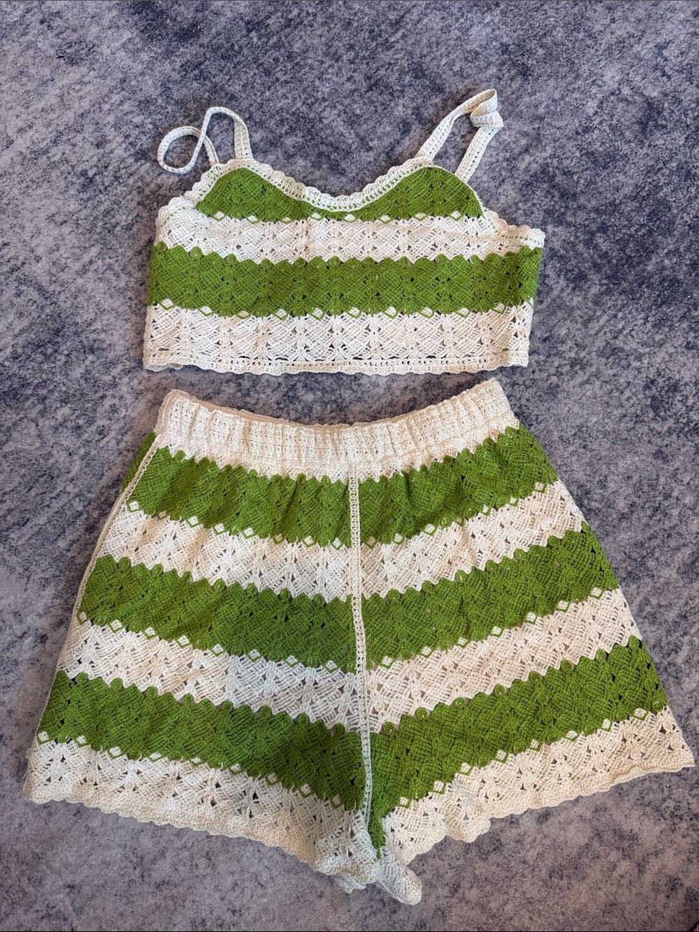 Rebellion Green and Cream Crochet Crop Top & Shorts Set
